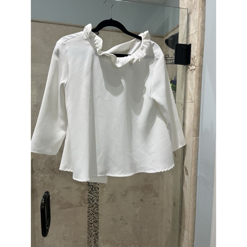 Pomander Place Tuckernuck Soft White Faye Blouse 3/4 Sleeve Top Ruffle Collar S